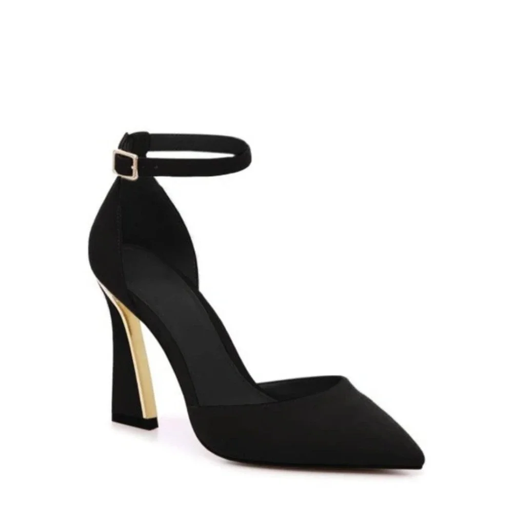 Juliet Holy Black Pointed Toe D'Orsay Ankle Strap Flared Heel Pumps Women's 11